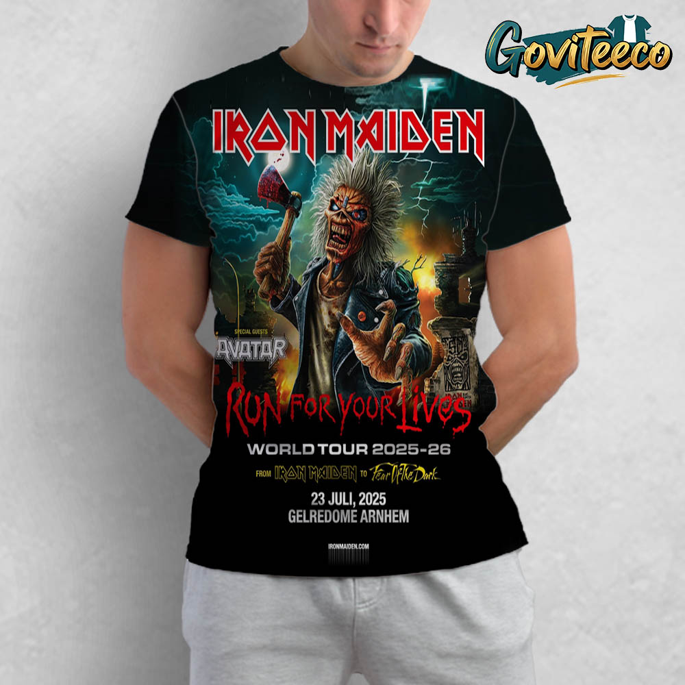 Iron Maiden Run For Your Lives World Tour Poster At Gelredome Arnhem On July 23rd 2025 All Over Print T-Shirt Iron Maiden Run For Your Lives World Tour Poster At Gelredome Arnhem On July 23rd 2025 All Over Print T-Shirt